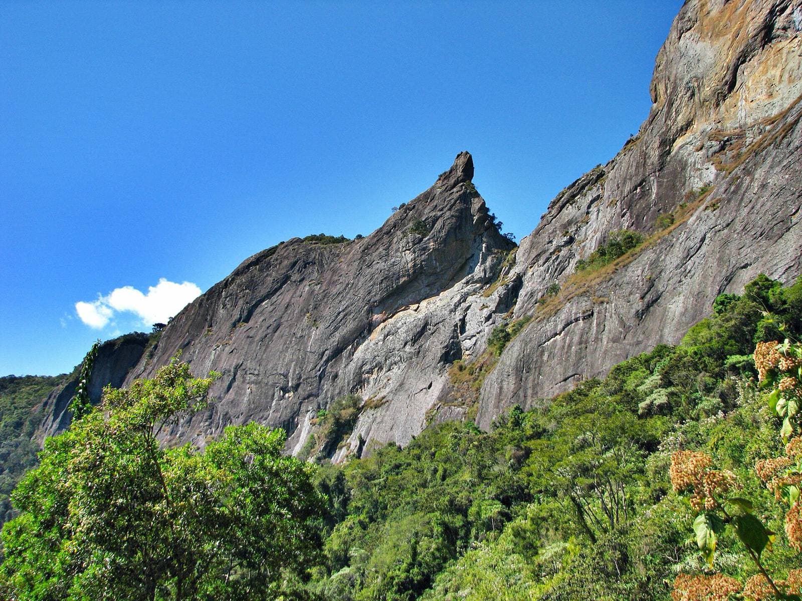 Paredões de rocha do Bauzinho e da Pedra do Baú vistos de baixo, sob céu azul