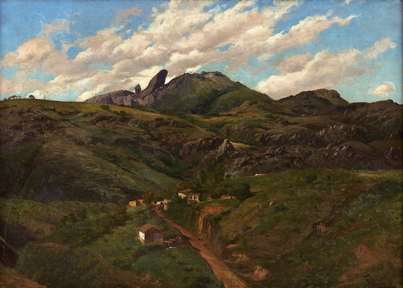 Pintura de 1894 de Aurélio de Figueiredo mostrando o Pico do Itacolomi sobre morros e casas de Ouro Preto