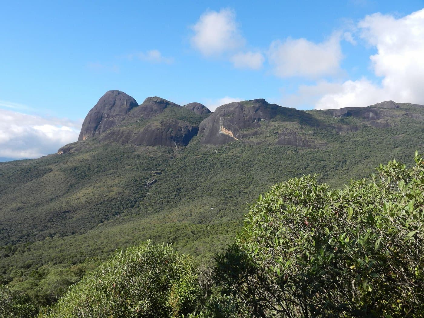 Paredões escuros do Pico do Papagaio acima da encosta coberta de mata, sob céu azul com nuvens