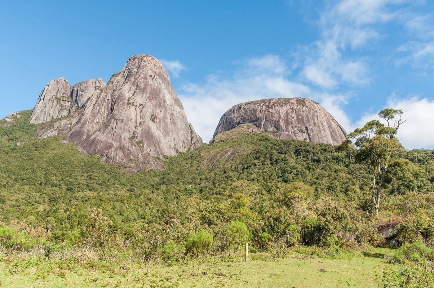 Os Três Picos, à esquerda, e o domo do Capacete, à direita, acima da mata e do campo em Salinas, sob céu azul