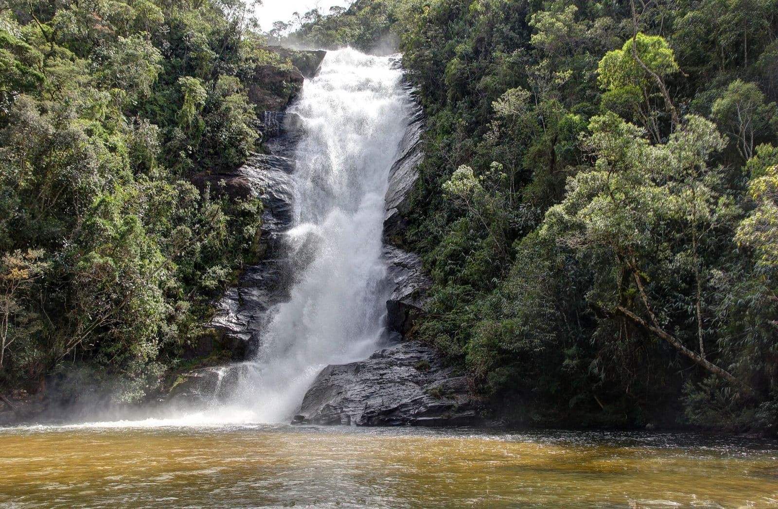 Cachoeira Santo Isidro caindo sobre rocha escura em um poço de água cor de chá, cercada de mata