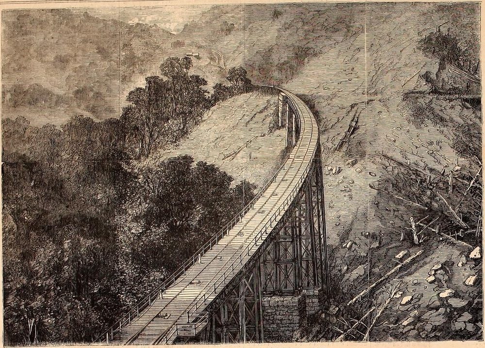 Gravura de 1868 do viaduto metálico da São Paulo Railway na Serra do Mar