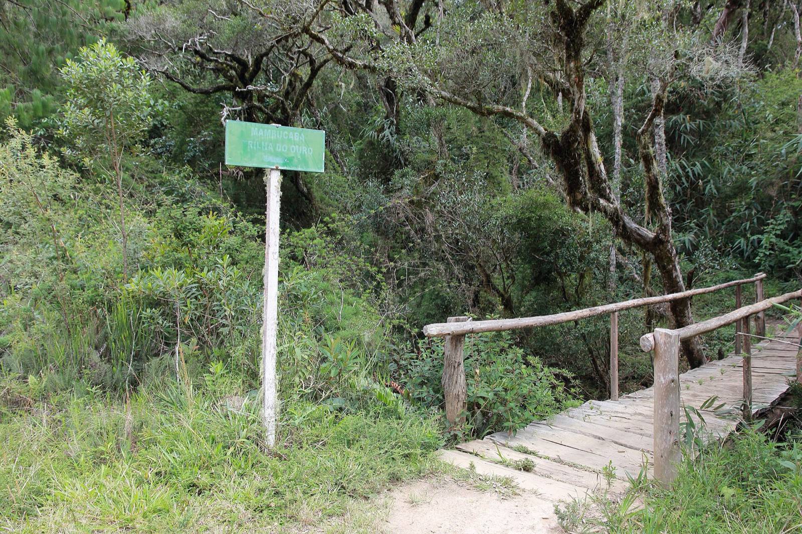 Placa verde indicando Mambucaba e Trilha do Ouro ao lado de uma ponte de madeira